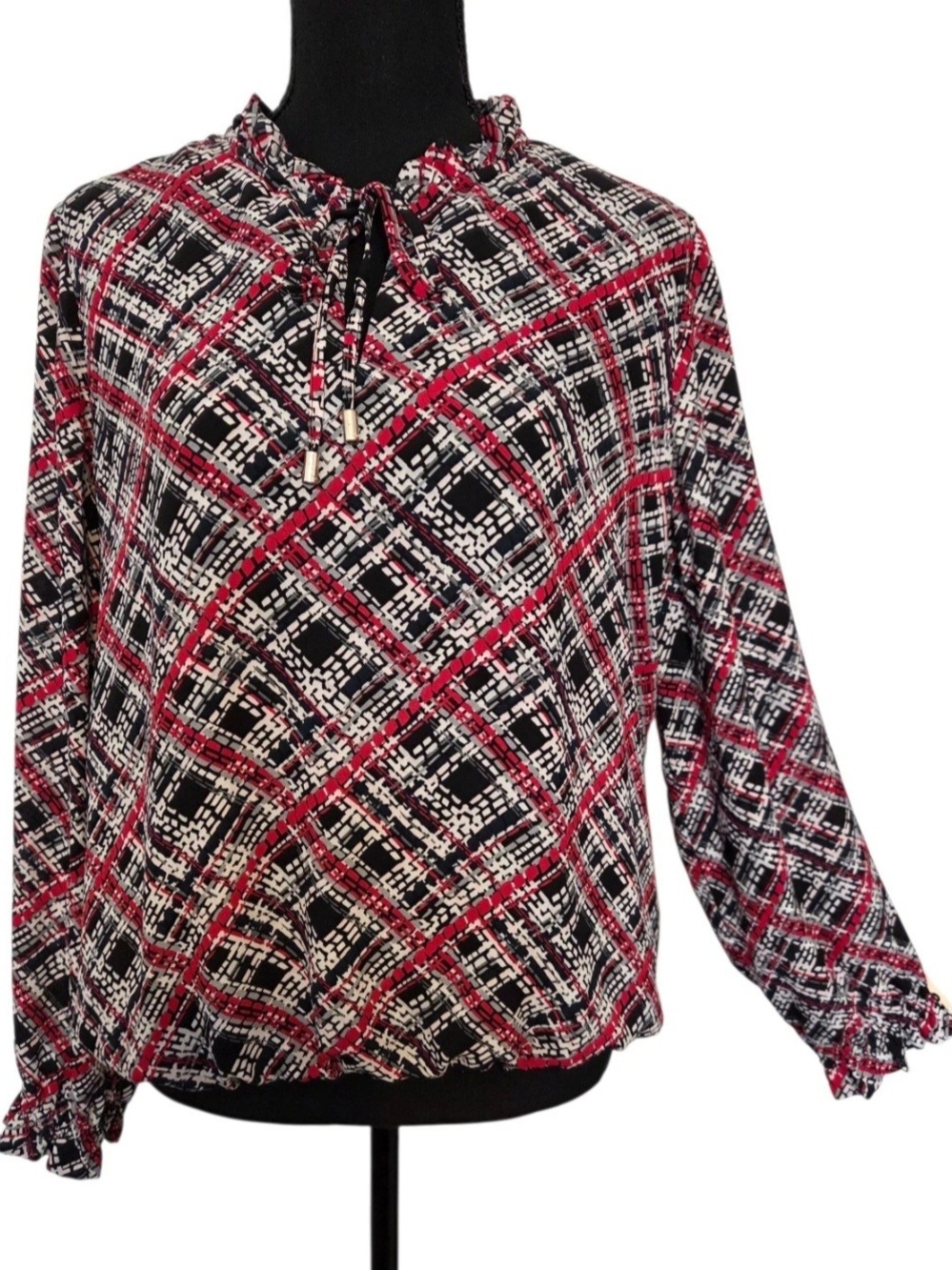 Tommy Hilfiger Womens Red Black Blue White Plaid L/S Tie-Neck Blouse Size L